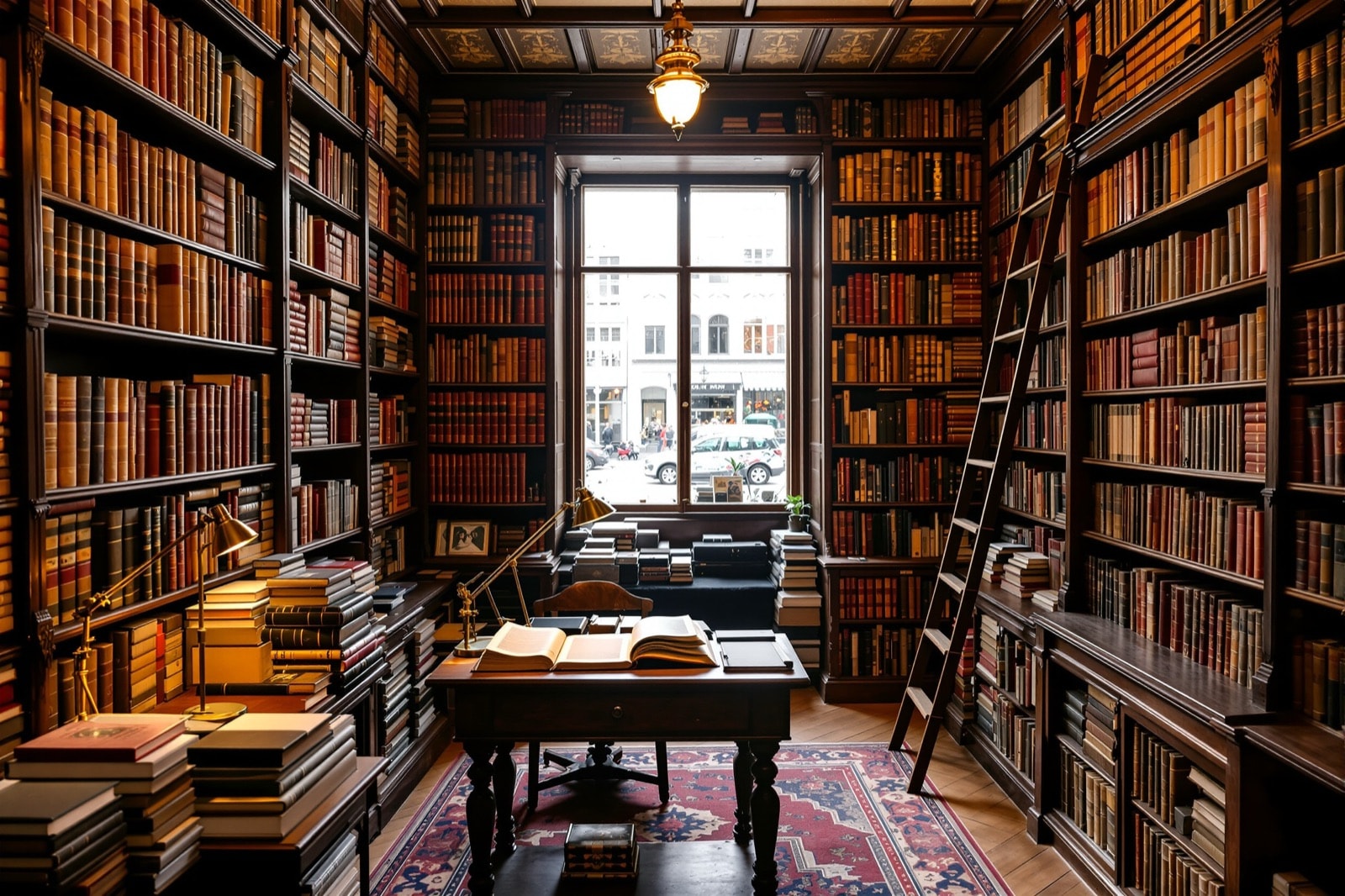 Intérieur d'une librairie ancienne : rayonnages de livres reliés du sol au plafond, échelle de bibliothèque, lumière chaude