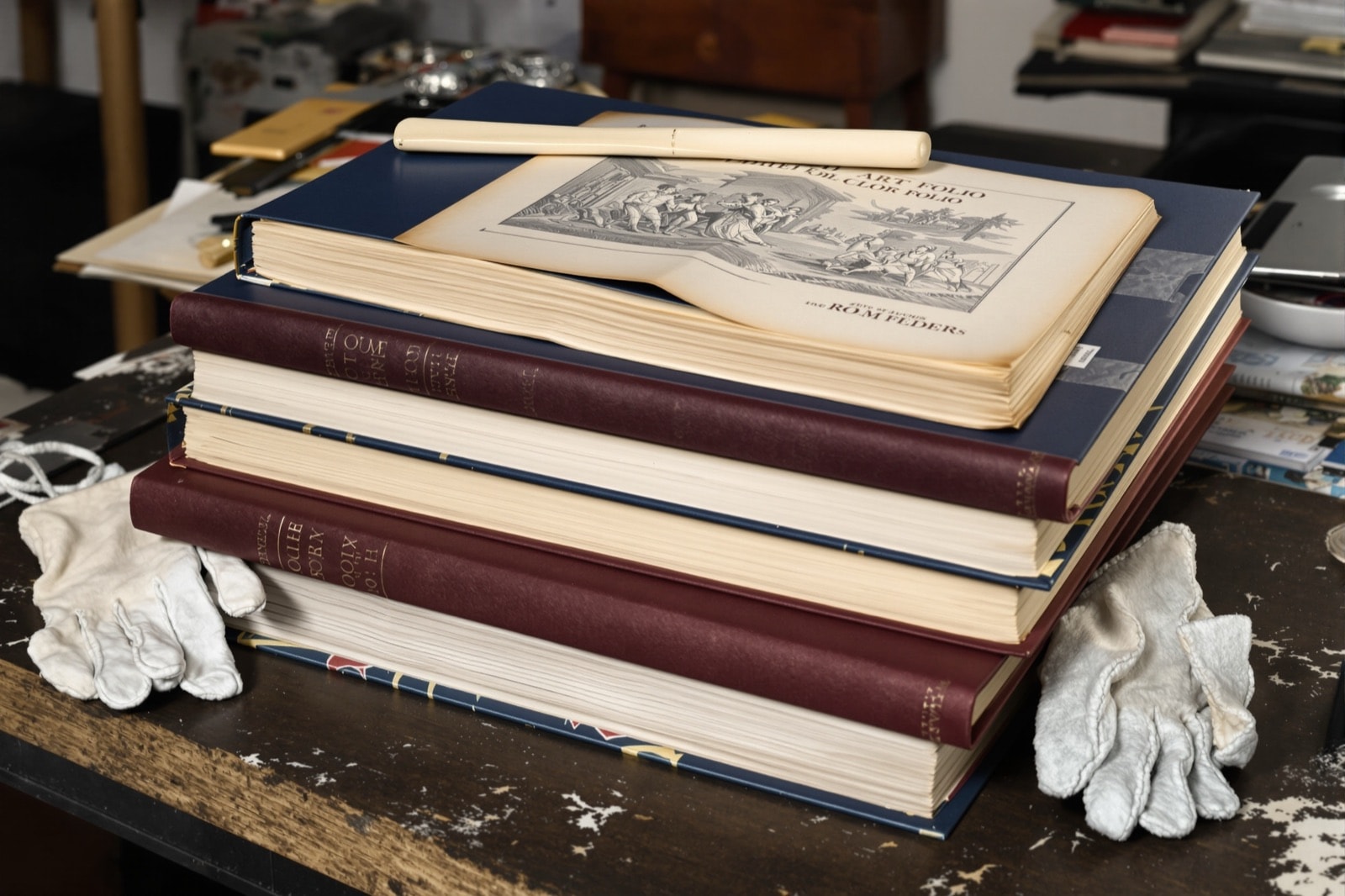 Grands livres d'art empilés à plat avec une planche gravée posée dessus