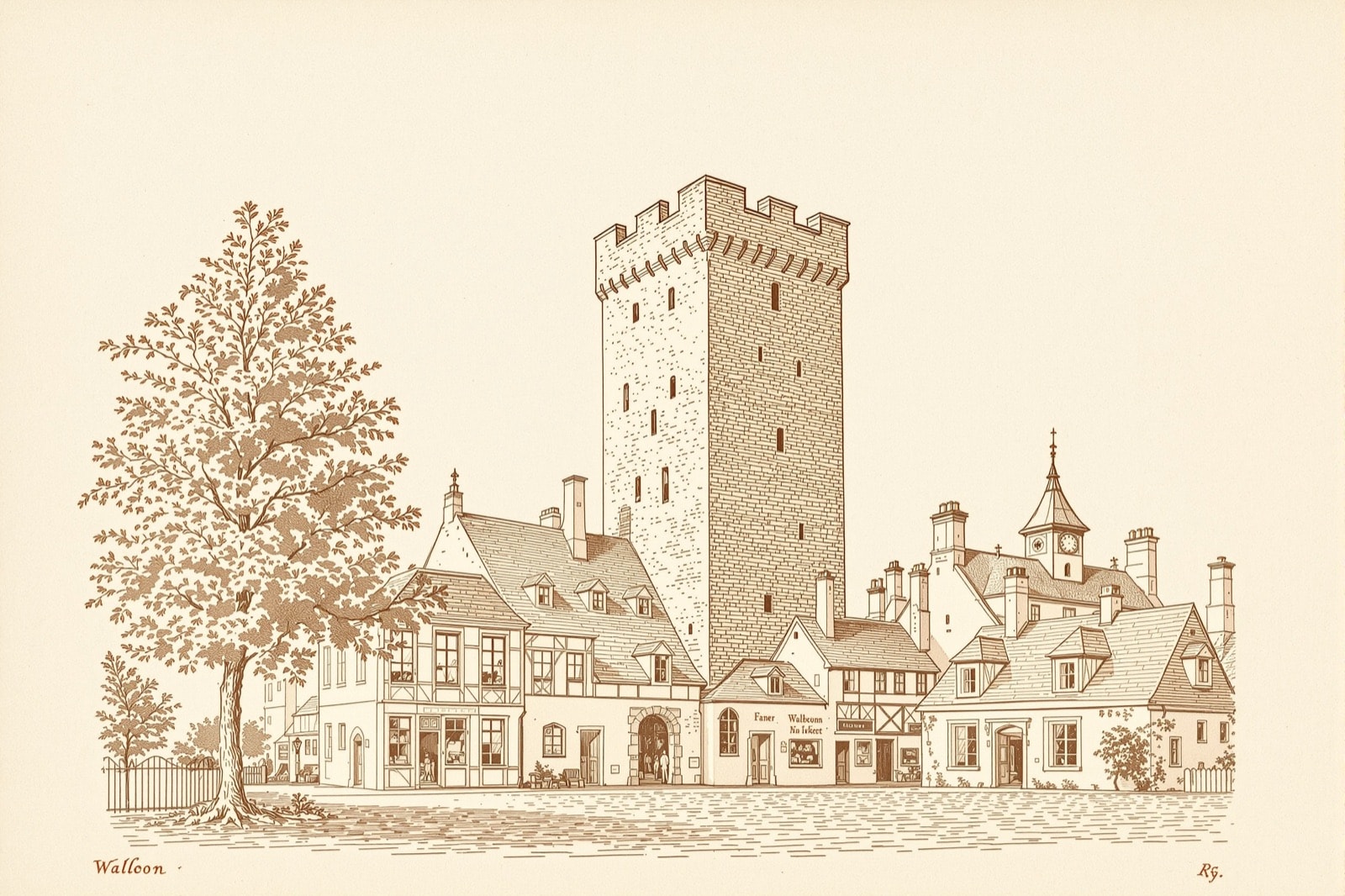 Donjon médiéval en pierre dominant une petite ville, dessin à la plume