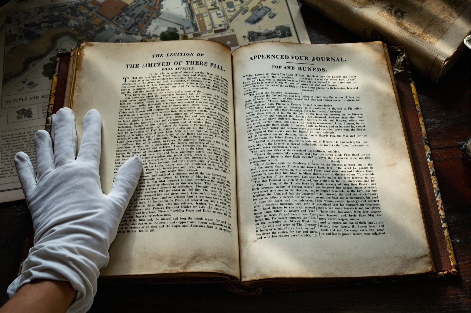Volume d'annales ouvert sur une table d'étude, à côté d'un plan ancien de ville