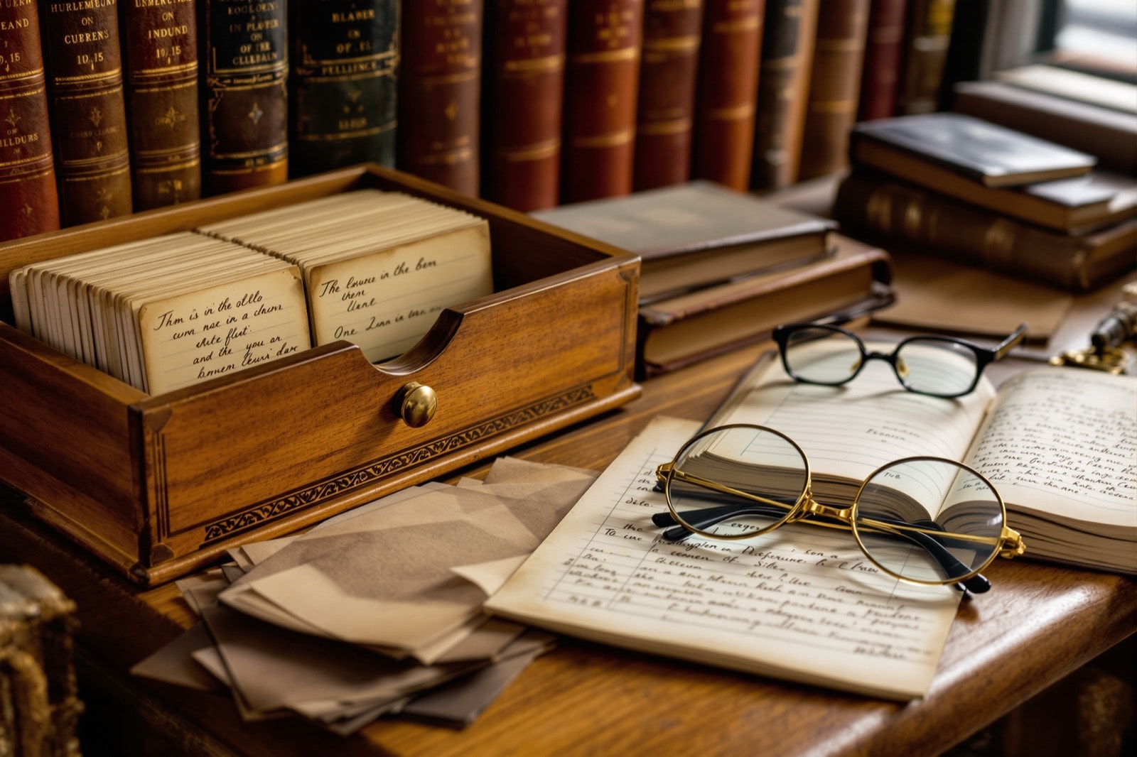 Comptoir de librairie ancienne avec registres, loupe et fiches bibliographiques