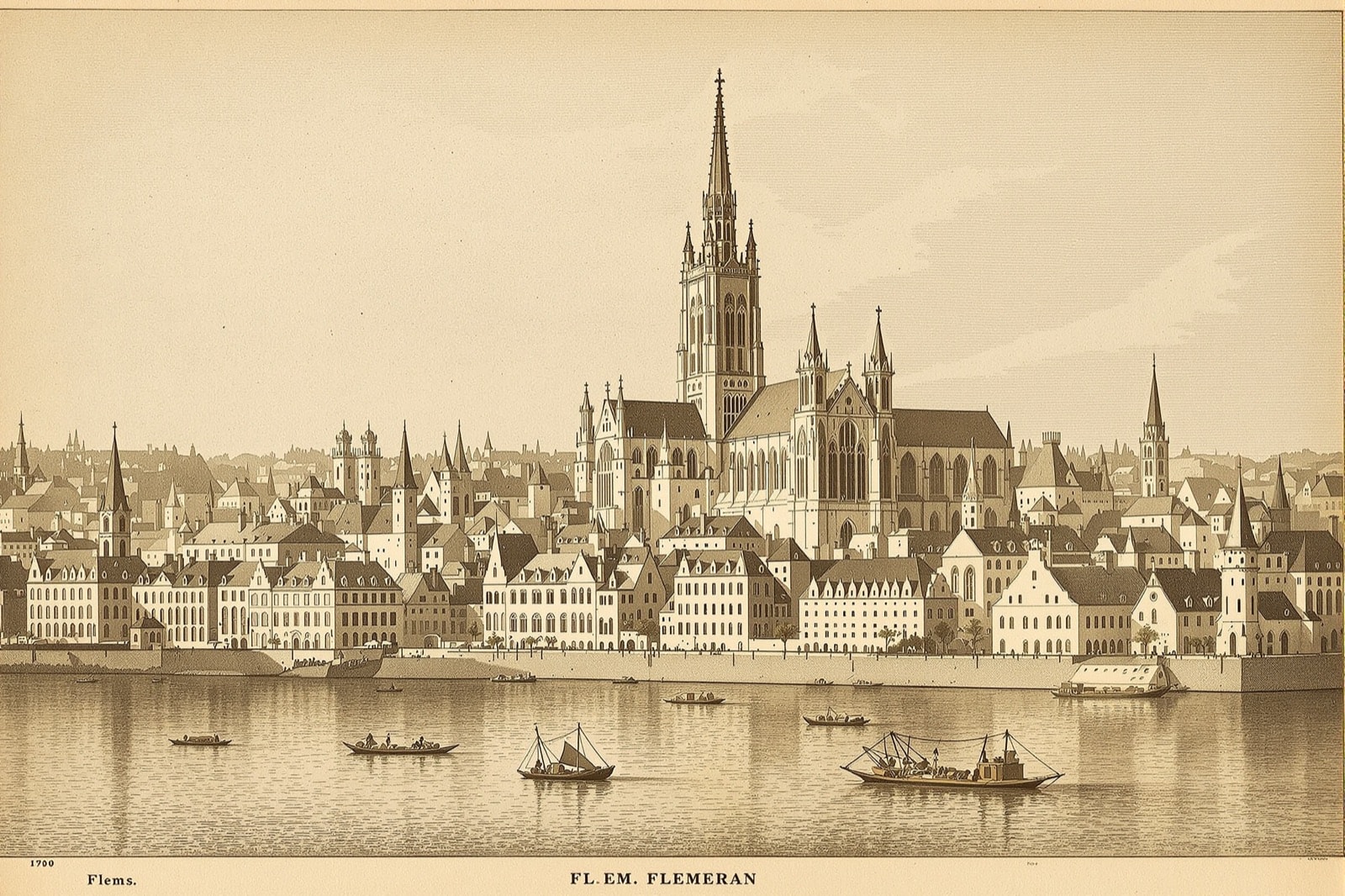 Gravure ancienne d'une ville épiscopale avec les tours de sa cathédrale romane