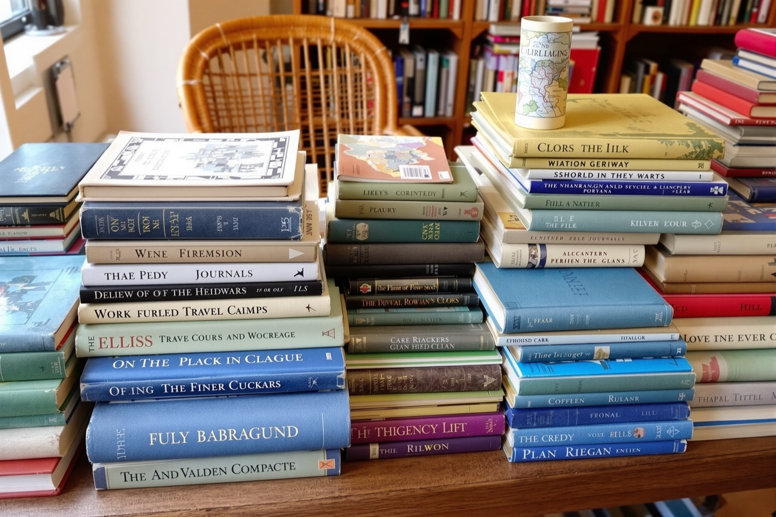 Piles hétéroclites de livres et de revues sur une table de librairie